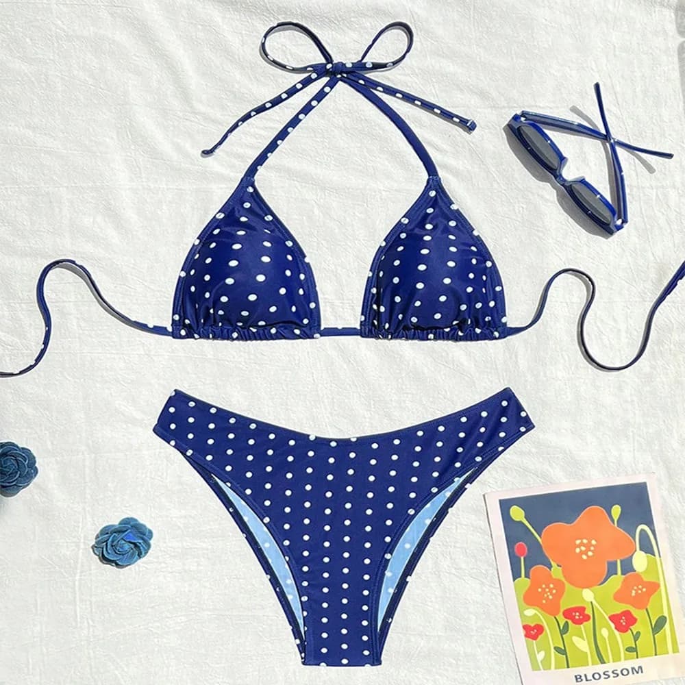 Set Bikini Estivo alla Moda con Halter e Stampa a Pois, Costume da Bagno Casual per Donna, Ideale per le Vacanze