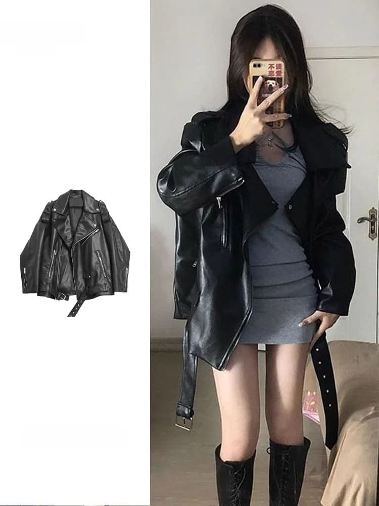 plus Size Black PU Leather Jacket Women's Spring Autumn New Hong Kong Style Design Sense Motorcycle Jacket Top Fat MM