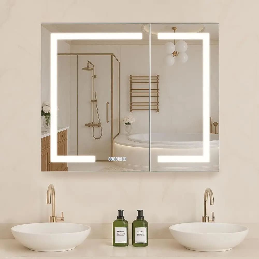 Armadietto a Specchio LED da Parete 36 x 30 con Specchio HD, Orologio, Ripiani Regolabili e Funzione Memoria