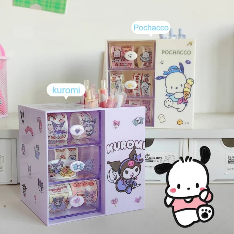 Kuromi Pochacco Desk Organizer,3 Compartment Drawer Pen Holder, Multifunctional Storage Box for School Office Desktop Decoration