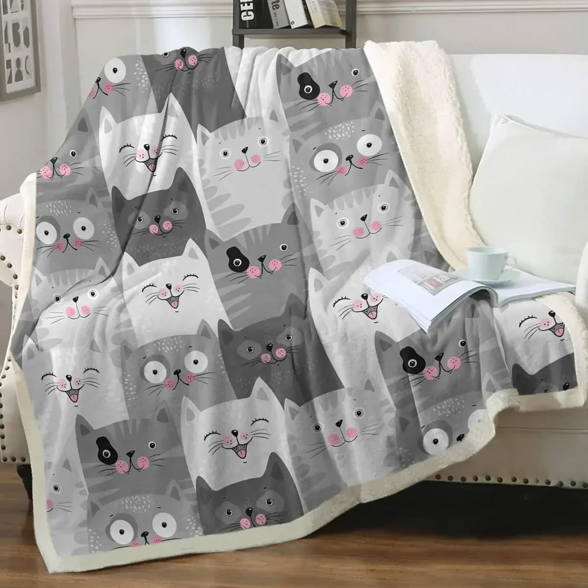 Grey and White Cats Blanket Plush Sherpa Flannel Throw Blanket for Couch Sofa Super Soft Blanket Bedroom TV Throw Blanket Full