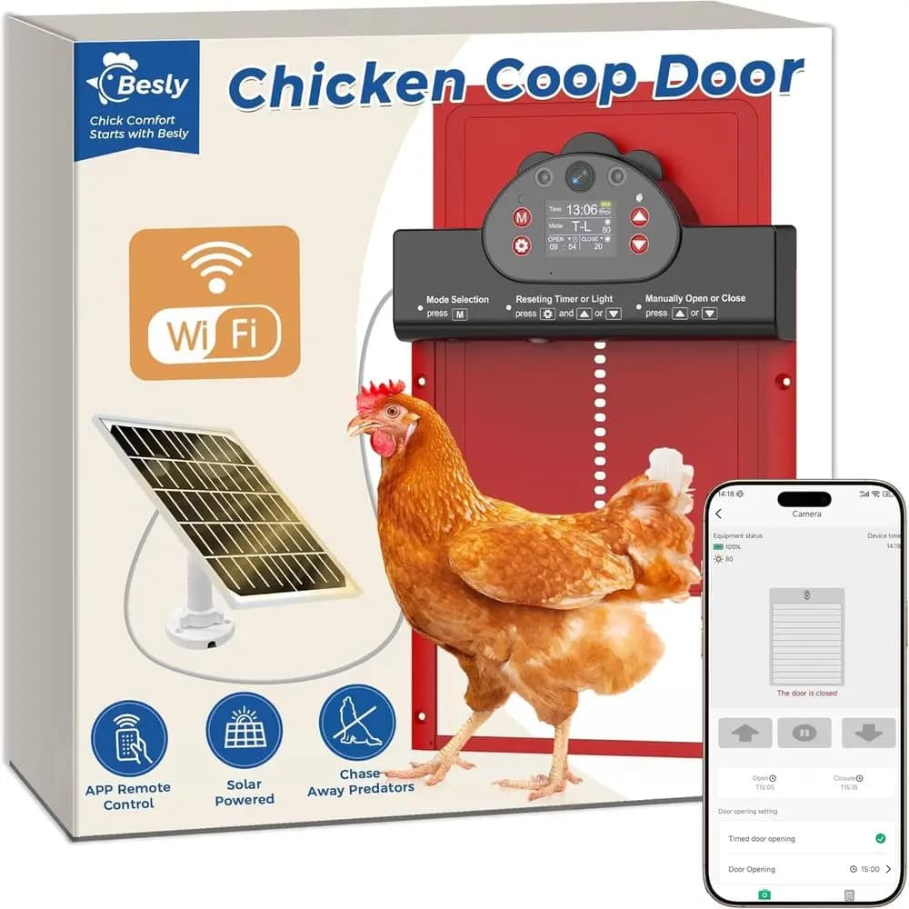Porta Automatica per Pollaio con Telecamera HD 2K, Anti-Pizzicamento, Timer, Allarme, Batteria da 9000mAh, Accessori