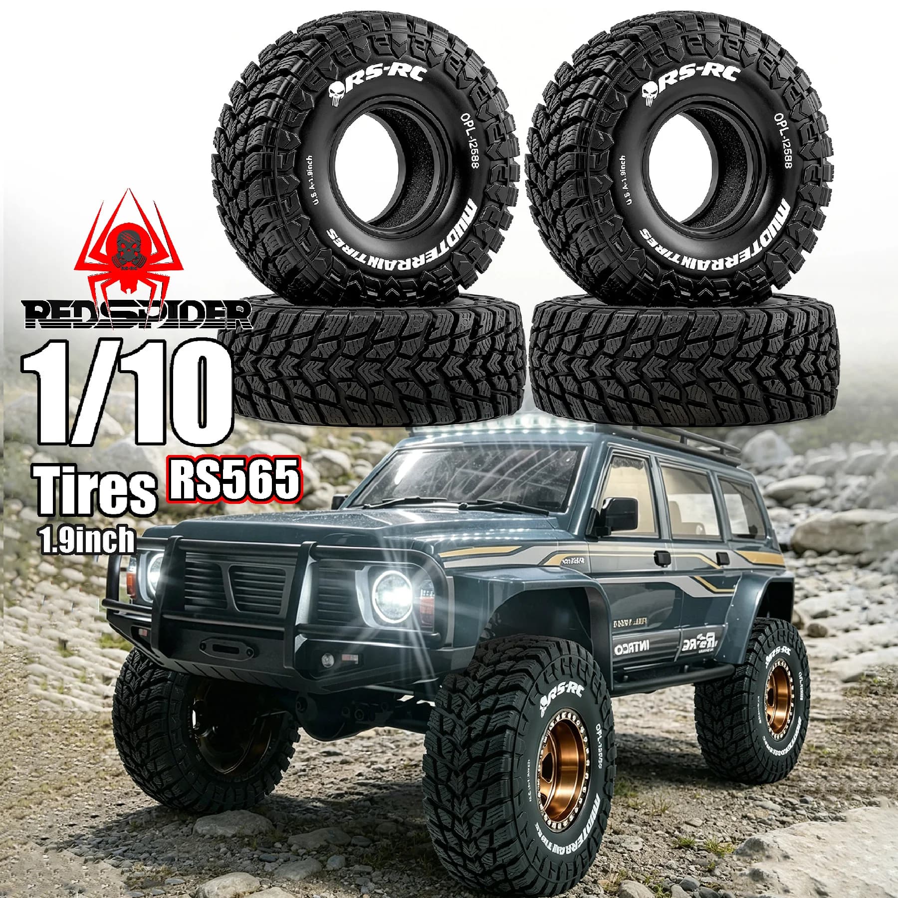 RED SPIDER 4 pneumatici in gomma da 1,9 pollici, diametro esterno 4,73 pollici per auto RC 1/10 Axial SCX10 II Traxxas TRX4 4WD Redcat Gen8