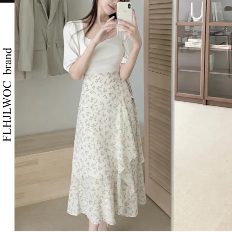 Ruffles Wrap Up Chic Korea New FLHJLWOC Women Cute Girls Floral Robe Holiday Beach Date Retro Vintage One-Piece Lace-Up Skirts