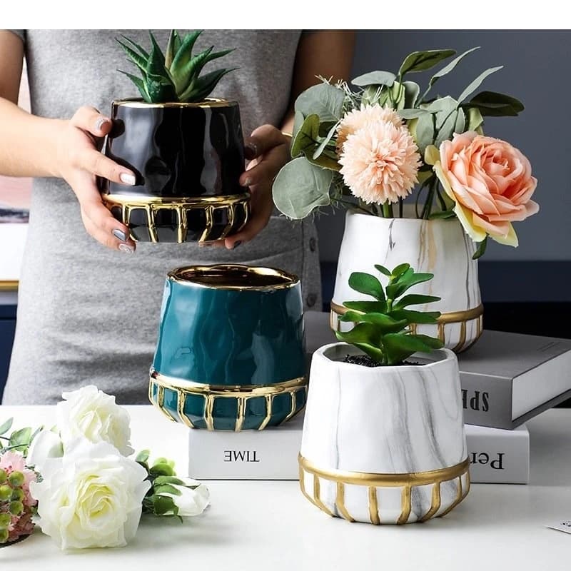 Gold-plated Ceramic Flower Pots Marble Texture Vase Desk Decoration Ornaments Artificial Flowers Decorative Potted Plants Vases