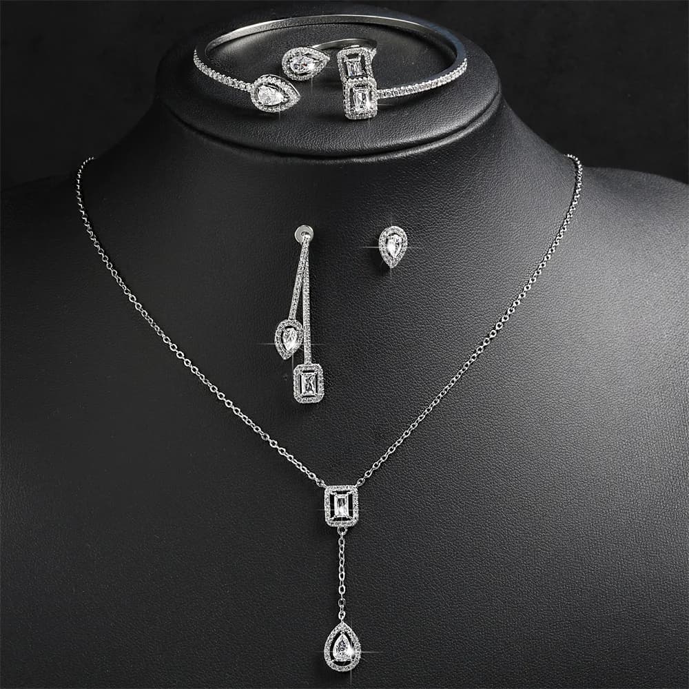 ZAKOL 4 pezzi Set di gioielli da sposa classico geometrico goccia d'acqua quadrato lucido Zirconia orecchino collana braccialetto accessori da sposa