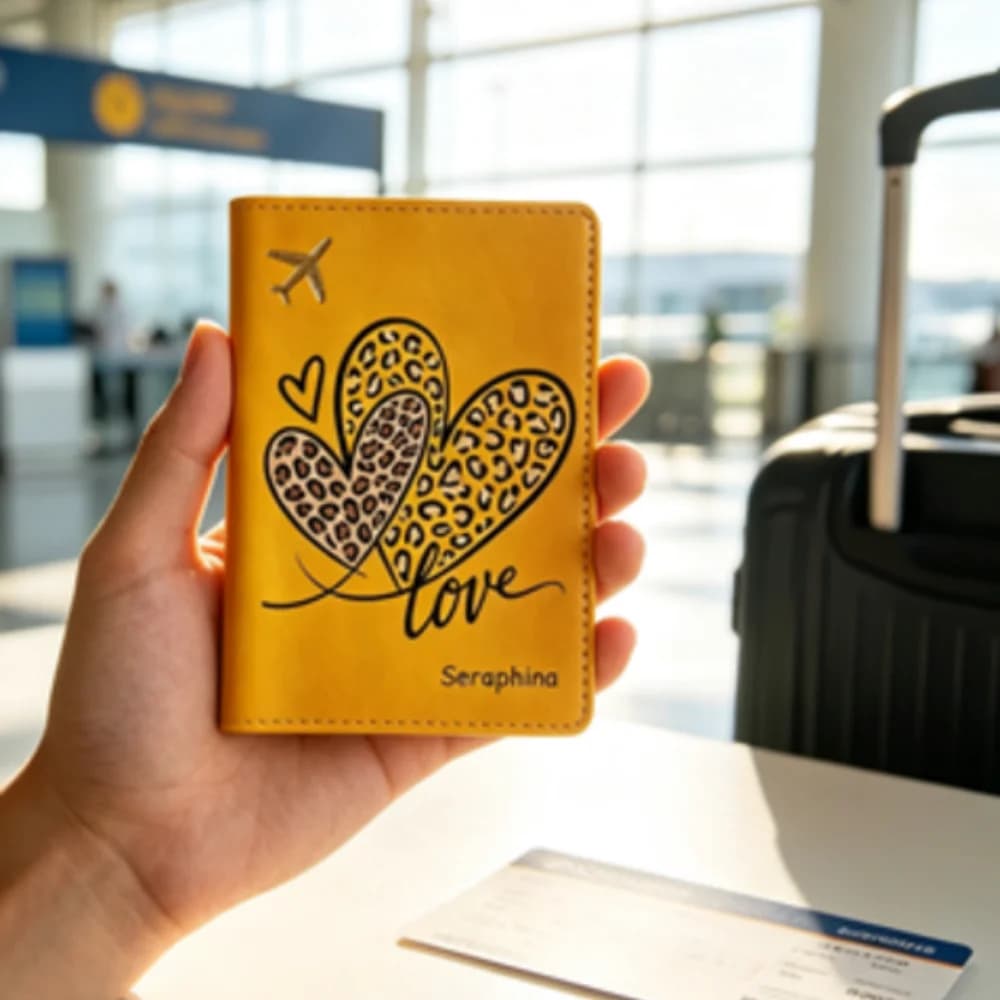 Personalized Name & Text Synthetic Leather Passport Holder, Leopard Print Heart Pattern Cover, 5 Colors Available