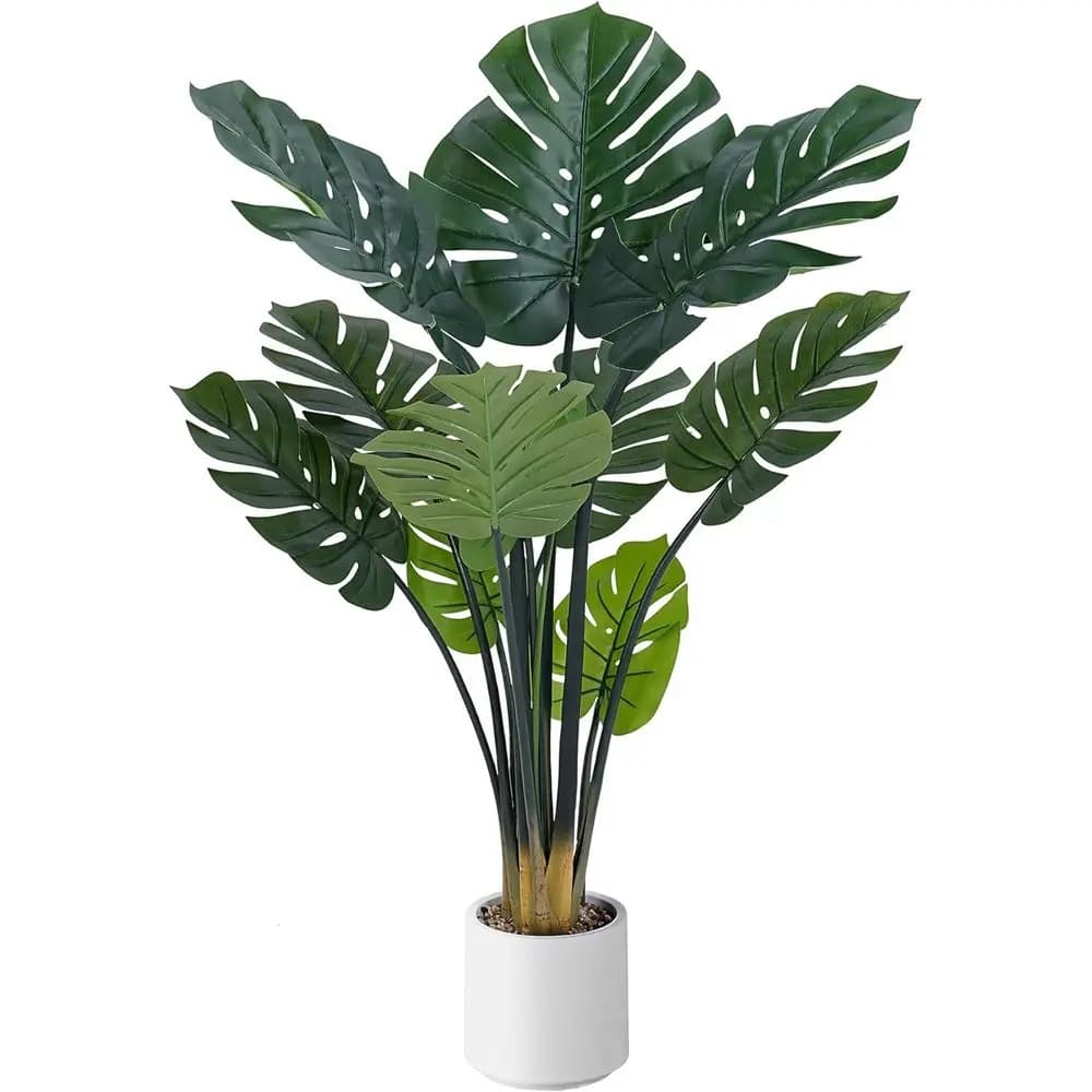 Artificial 4 Level Monstera Deliciosa with White Vase, Green Plant Steles 'Swiss Cheese', Tropical Silk Tree for Interior Living Room