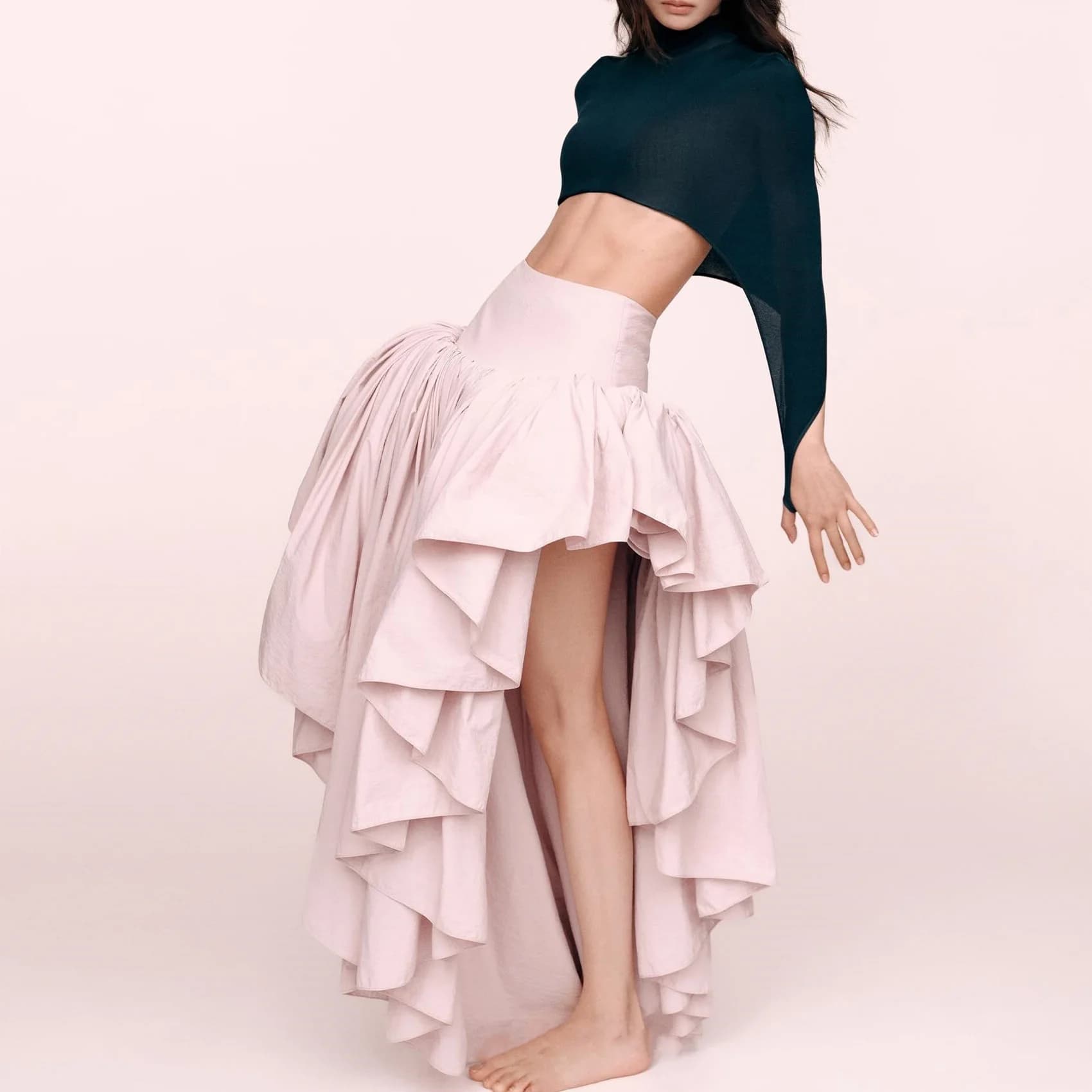 Gonna lunga rosa alla moda con volant a strati, asimmetrica, a vita alta e bassa, per donna, ideale per serate in discoteca e feste, colore blush
