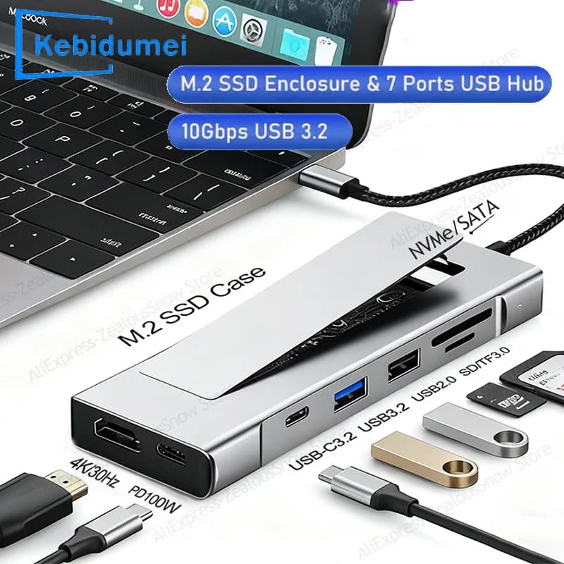 Hub USB 8 in 1 con funzione di archiviazione su disco Custodia SSD M.2 SATA NVME Docking station compatibile da tipo C a HDMI per MacBook Pro