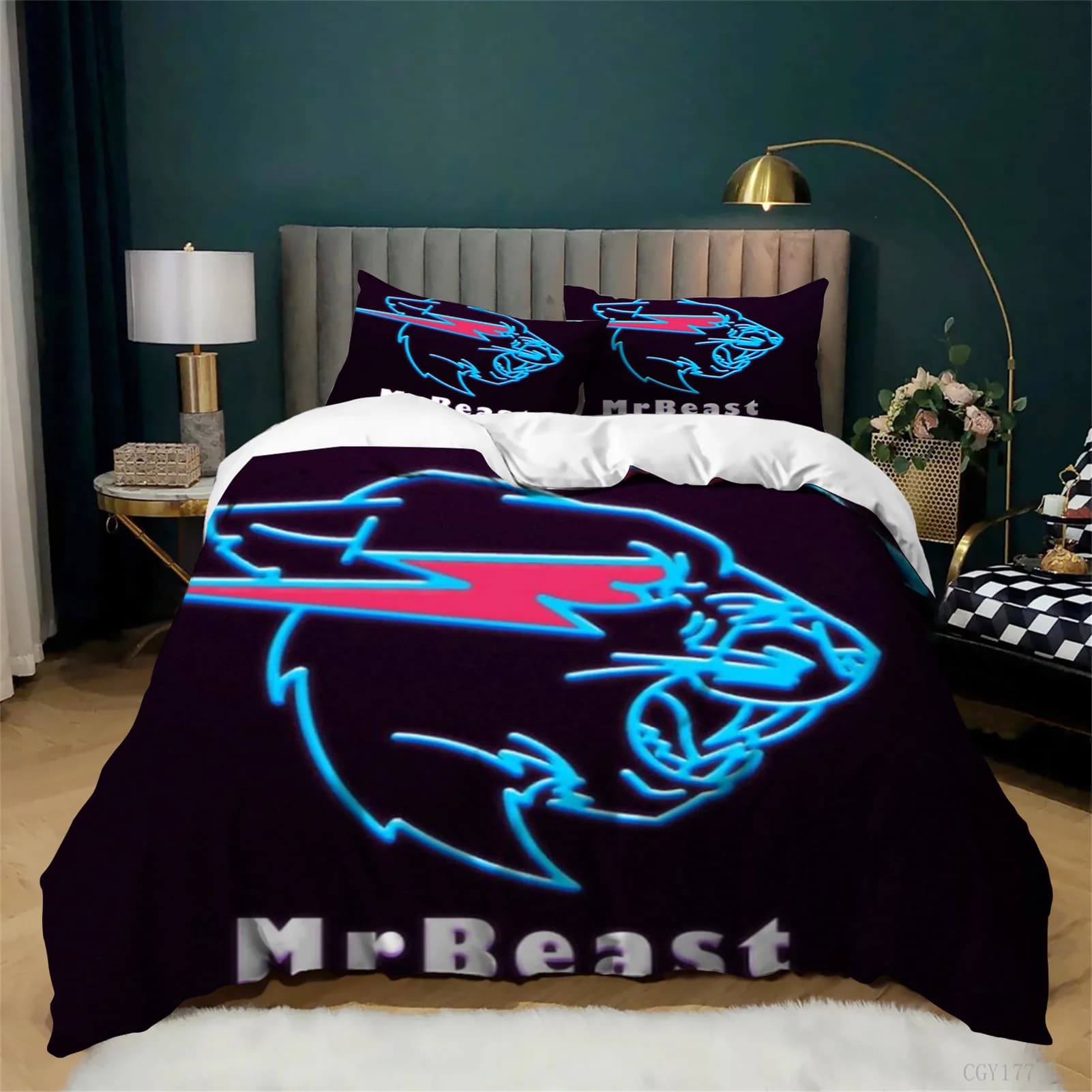 Mr Beast Cover Set, Bed Linen Set, Lightweight and Soft Cover with Lightning and Cat Motive, 3 Pieces with Zipper Closure