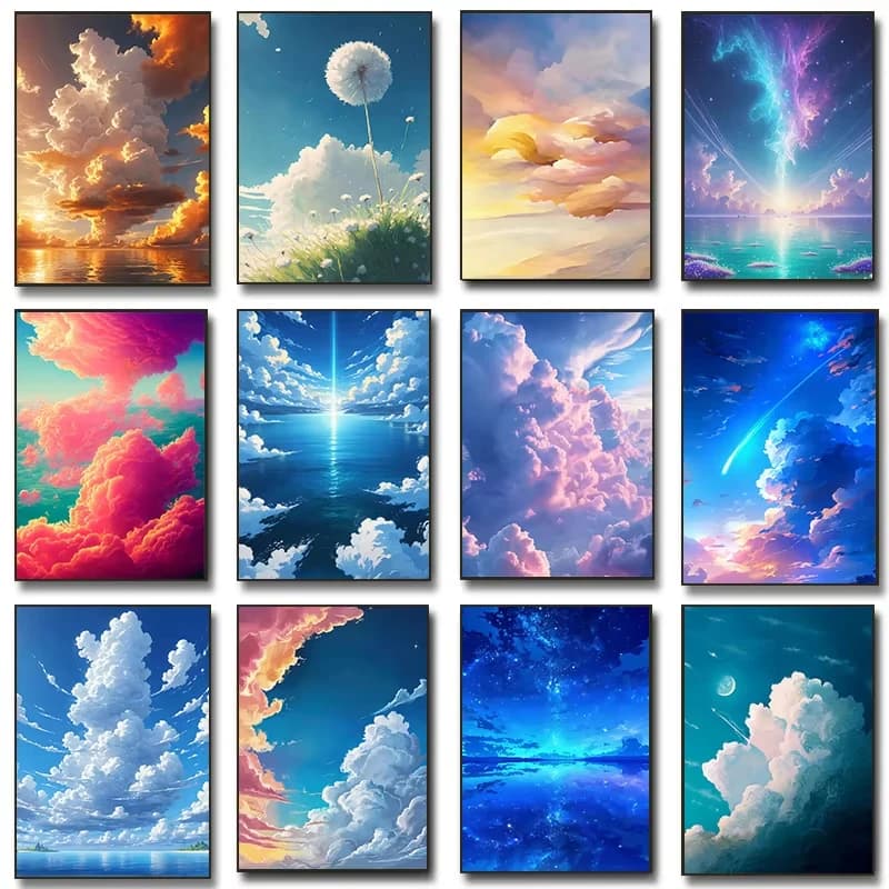 Painting By Numbers Romantic Fluffy Clouds Sky Adult Oil Kit DIY Acrylic Paint Canva Artwork Canva Art Gift Home Decoration