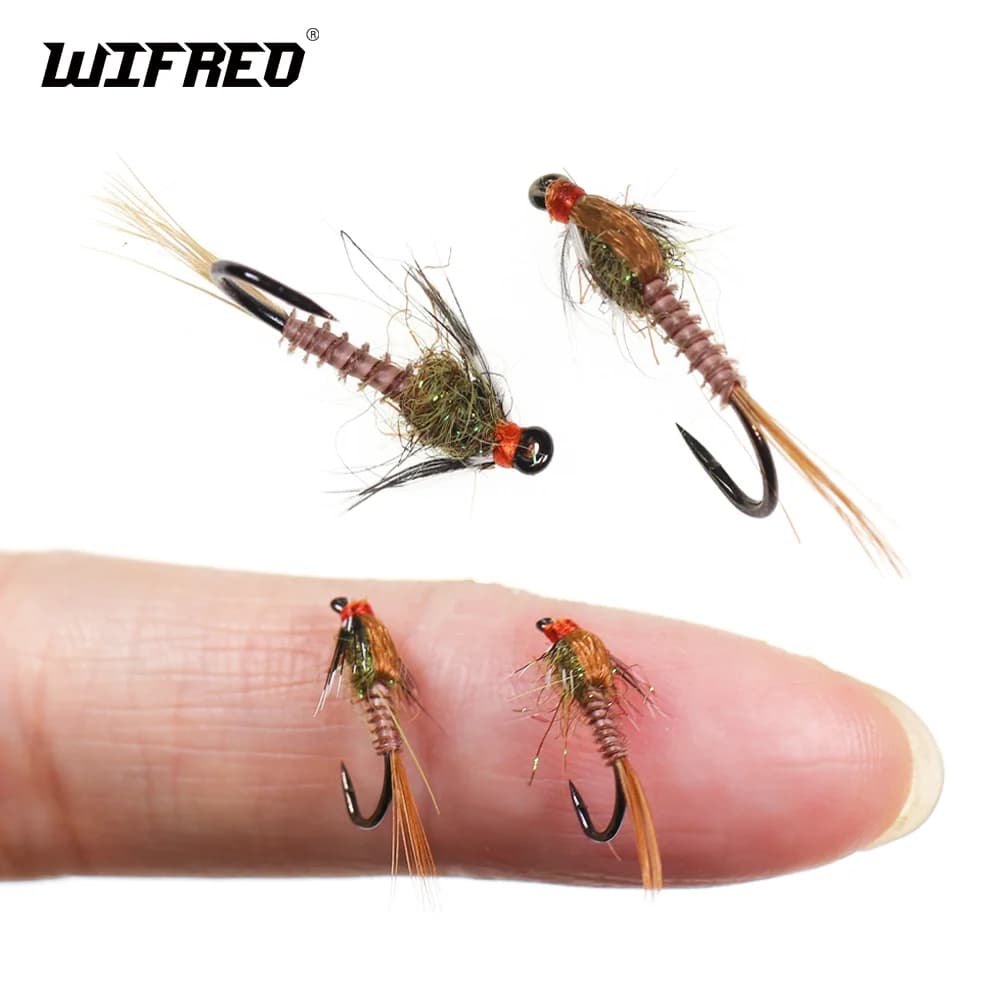 Wifreo 5 pz/10 pz Goose Marrone Biot Ninfa Grizzly Hackle Esche Per Insetti Artificiali Spinato Fly Legatura Gancio # 14 esche da pesca alla trota
