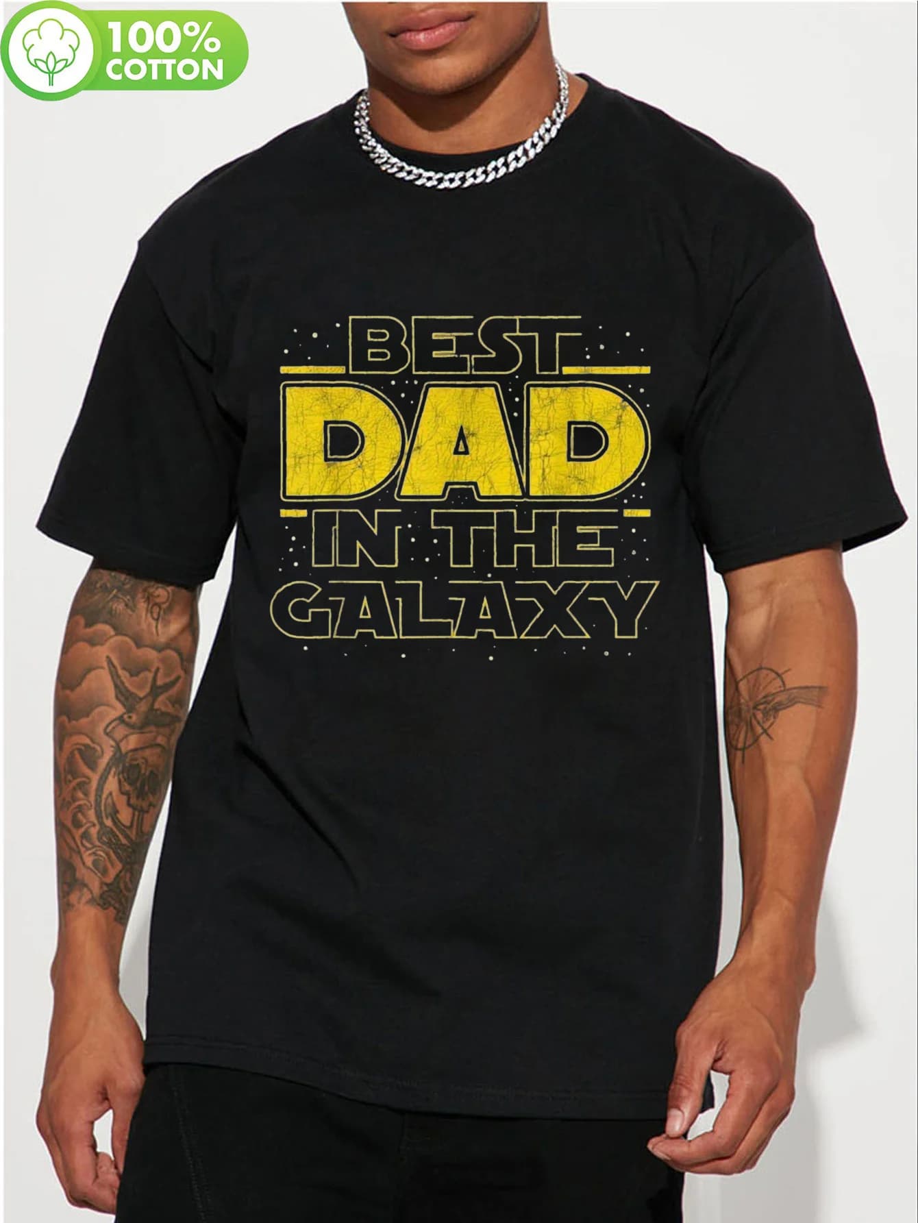 Best Dad in the Galaxy T-Shirt - Funny Father's Day Gift Idea, Black Tee with Bold Yellow Text & Starry Graphic, Heavyweight 100% Cotton Crew Neck Shirt for Dad, Breathable Everyday & Special Occasion Wear, Gifts for Dad, Galaxy Themed Apparel, Comfo