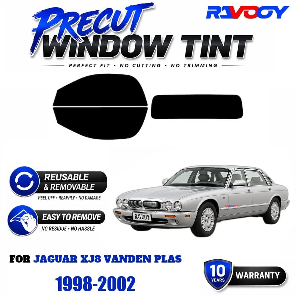 RAVOOY Precut Window Tint, Reusable Removable EPU Film, Custom Fit for Jaguar XJ8 Vanden Plas 1998-2002, UV Heat Protection