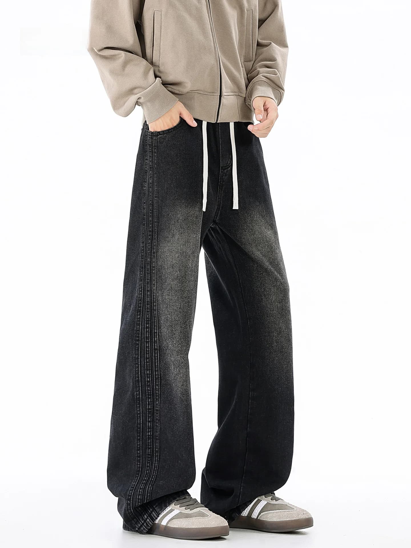 Wmnm American High Street Men's Fleece Lined Thickened Winter Straight Leg Jeans Casual Wear Comfortable Straight Cut Trousers