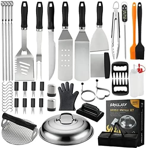 Grilljoy Set di 46 Utensili per Griglia con Manico Resistente – Kit in Acciaio Inox per Piastra, Teppanyaki, Campeggio