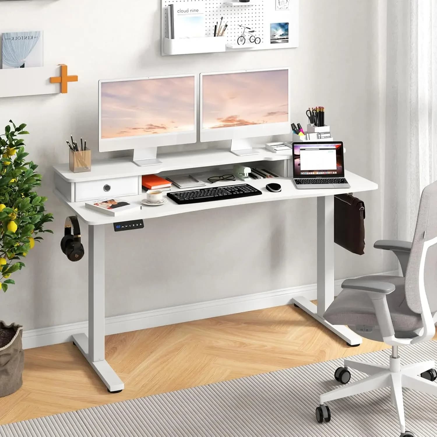 Home Office Sit Stand Compute, scrivania elettrica in piedi con 2 cassetti, scrivania stand up regolabile in altezza 140 cm x 60 cm con supporto per monitor