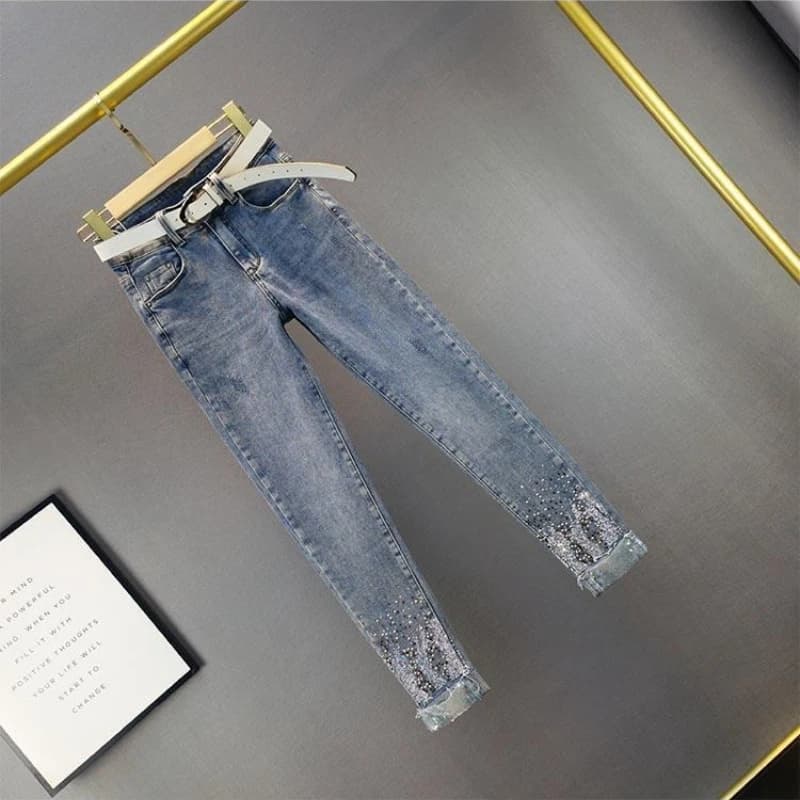 Women's High Waist Skinny Jeans with Sequins and Hotfix Rhinestones Summer New European Style Slimming Ankle-Length Pencil Leg