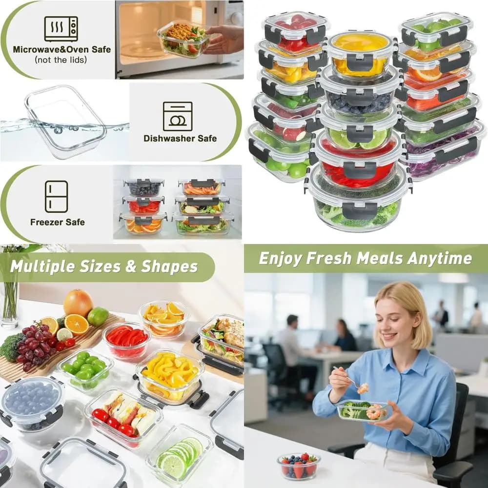 Set di 30 contenitori per alimenti in vetro con coperchi, preparazione dei pasti a tenuta stagna, senza BPA, per microonde, congelatore, lavastoviglie