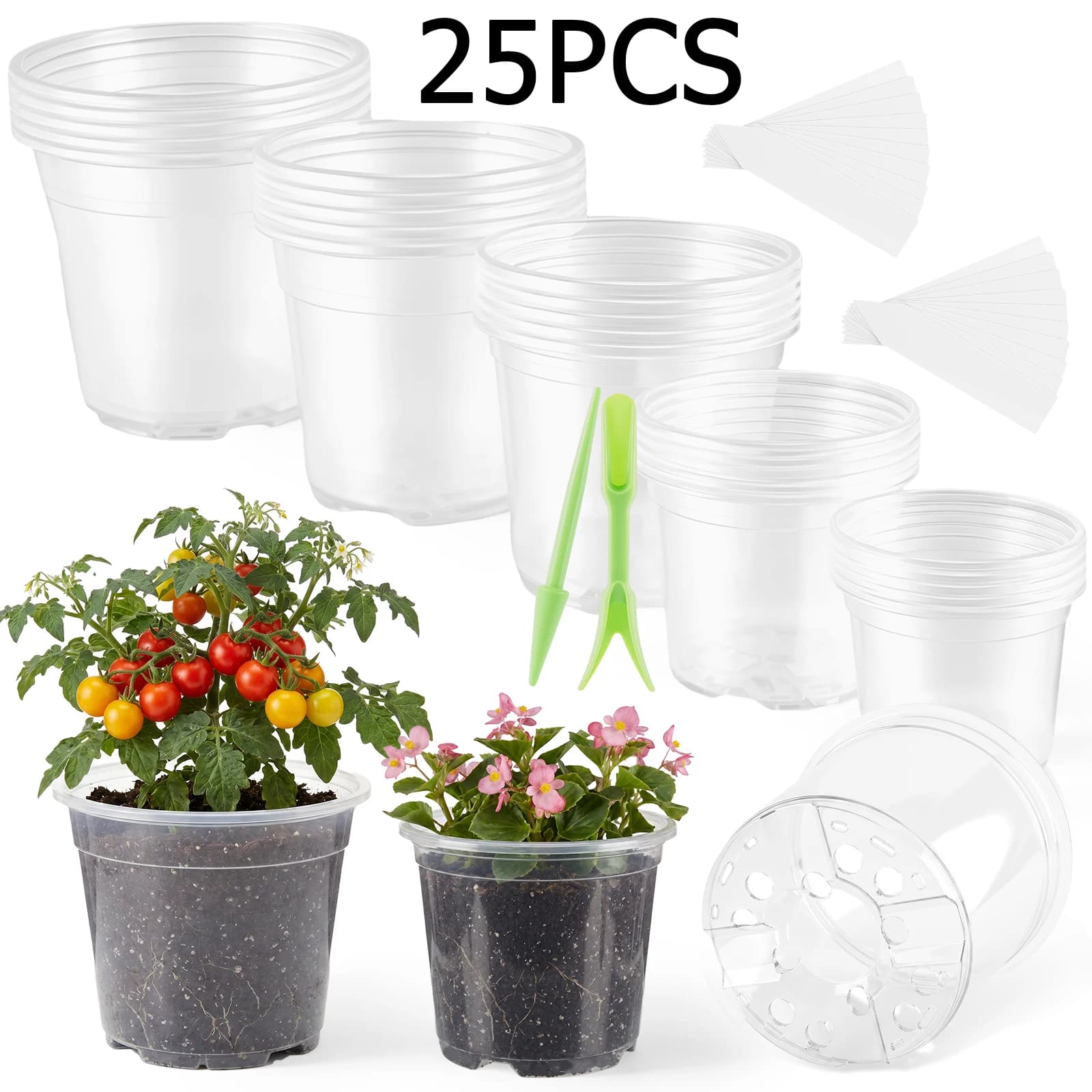 25 Vasi Trasparenti per Piante, Vasi in Plastica per Orchidee con Etichette e Fori di Drenaggio, Contenitori per Crescita di Semi, Fiori e Piante da Giardino