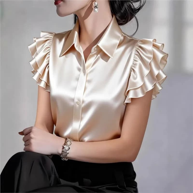 Camicetta Casual con Volant a Maniche Corte 2026 Primavera Estate, Camicia in Raso di Seta con Colletto Risvoltato, Top da Donna, Nuova Collezione per l'Ufficio