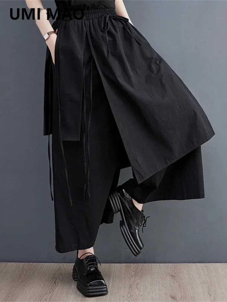 UMI MAO Pantaloni irregolari alla moda da donna Abbigliamento elegante sotto la caviglia Pantaloni estivi stile fasciatura nera liscia Femme