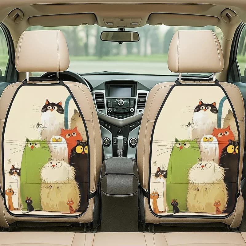 Car Seat Back Covers With Storage Pockets, Cartoon Cat Pattern, Anti-Kick For Cat Lovers