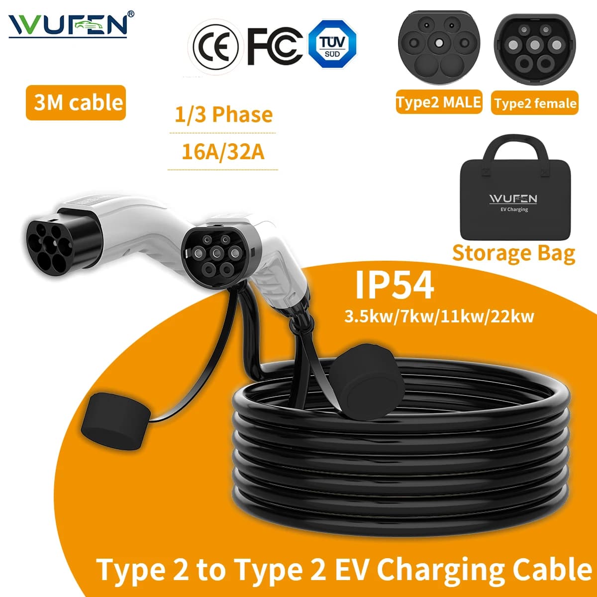 WUFEN Type2 a Type2 EV Chargr Cable 3M 11KW/22KW 32A Three-phase female-male spin 3.5KW/7KW IEC62196-2 EVSE charging station