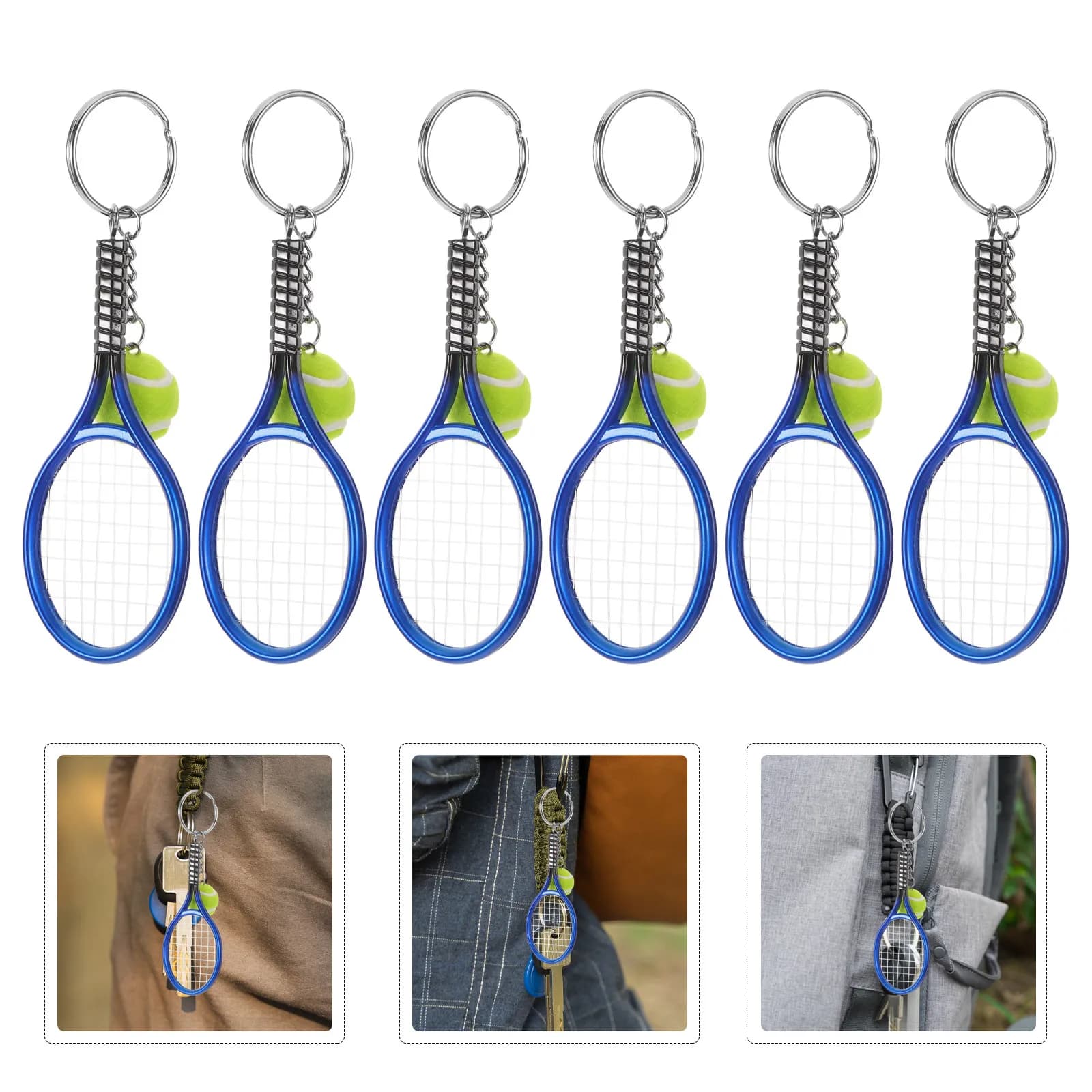 6Pcs Mini Tennis Keychain Set Stylish Racket Ball Pendants Portable Bag Backpack Keyring Sport Style Accessory for Men Women