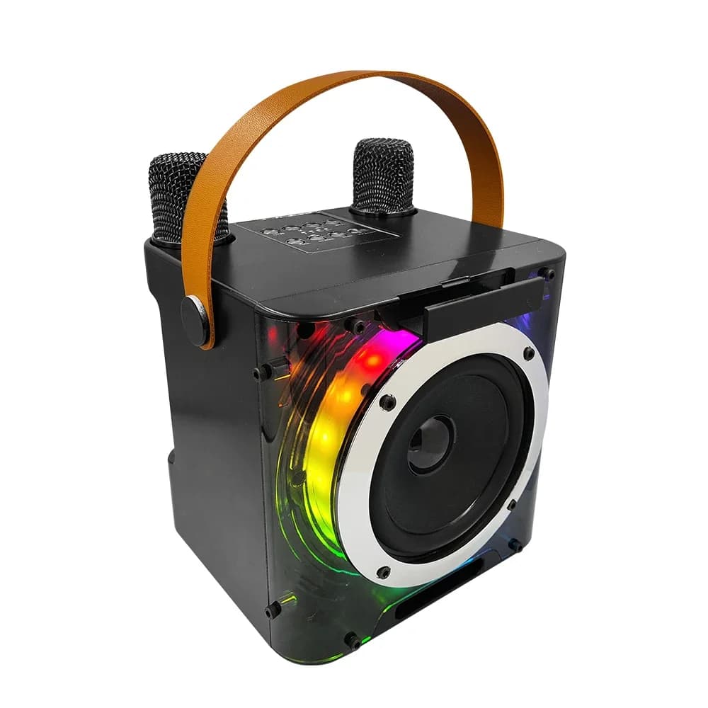 Macchina per karaoke ad alta potenza, mini altoparlante Bluetooth e set di microfoni, effetti di illuminazione RGB, subwoofer stereo, con supporto per telefono