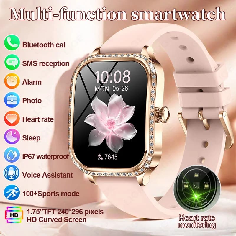 LIGE 2026 Nuovo Orologio da Donna con Diamanti, Display Curvo 3D da 1,75'', Monitoraggio Frequenza Cardiaca e Ossigeno nel Sangue, Chiamate Bluetooth, Smartwatch alla Moda