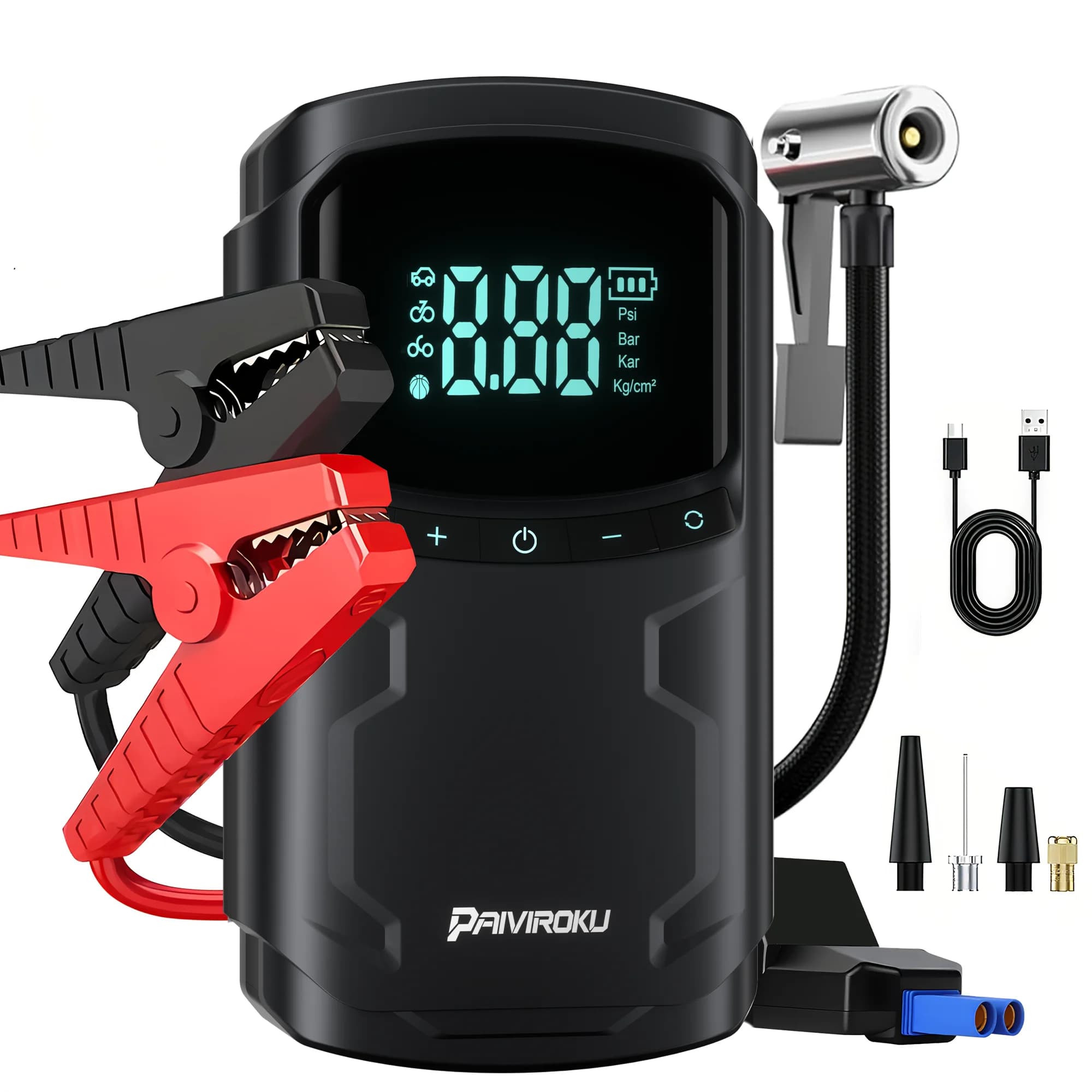 Avviatore d'Emergenza per Auto con Compressore d'Aria 5000A, Booster Batteria, Pompa d'Aria 150PSI, 16000mAh (10.0L Benzina/8.0L Diesel), Power Bank Portatile