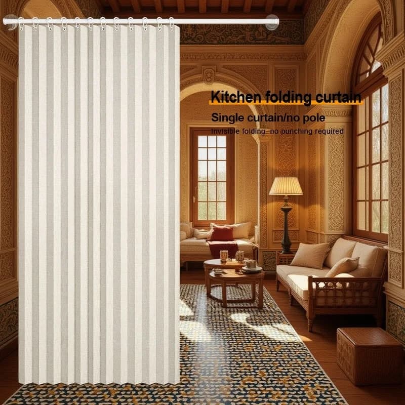 Tenda a Pieghe Bohemien Senza Asta con Ganci e Cinghia Portaoggetti, Schermo Decorativo Oscurante per Soggiorno e Camera da Letto
