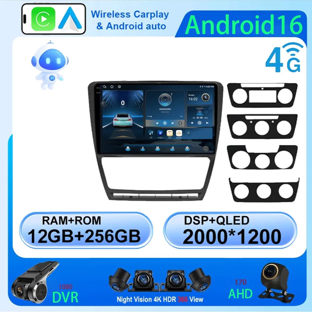 Android 16 Car Radio for Skoda Octavia 2 A5 2008 - 2013 Multimedia Video Player Navigation GPS 2 Din Carplay Stereo DVD Speaker