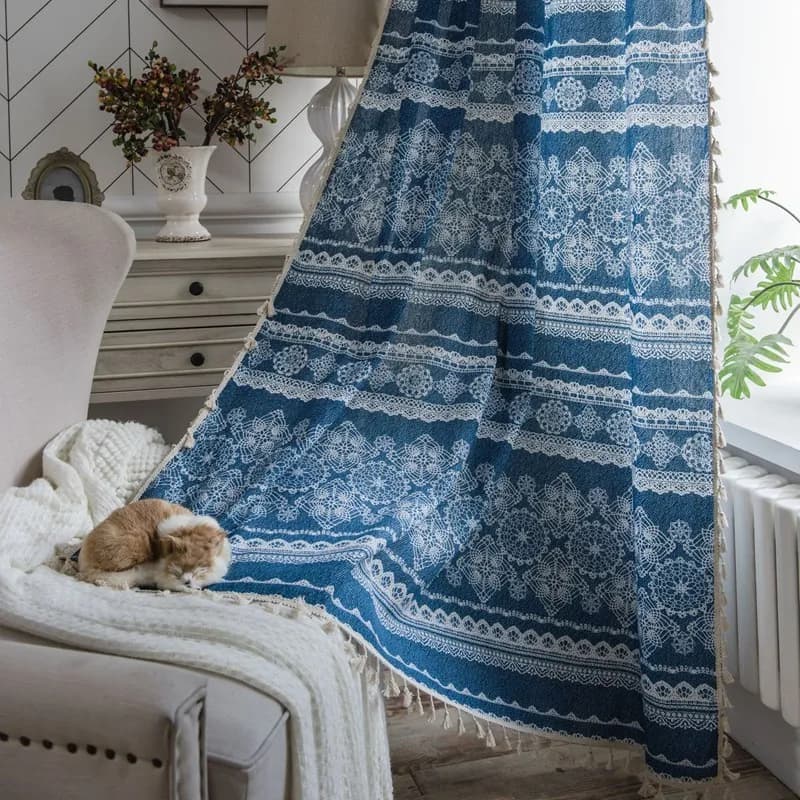 Lace Denim Printing Finished Curtain Cotton Linen Tassels Japanese Style Kitchen Valance Living Room Home Window Curtain