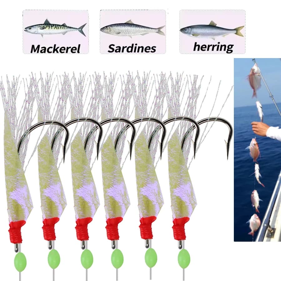 10 Packs Sabiki Rigs Fishing Flasher Lures Bait Rigs Fish Skin, Glow Fishing Beads High Carbon Hooks for Freshwater/Saltwater