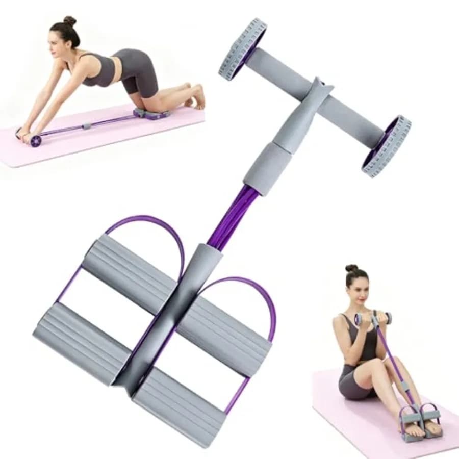 6-Tube Pedal Resistance Bands with Handles and Ab Roller, 2-in-1 Feet Pedal Puller, Home Gym Workout Equipment for Core Trainin