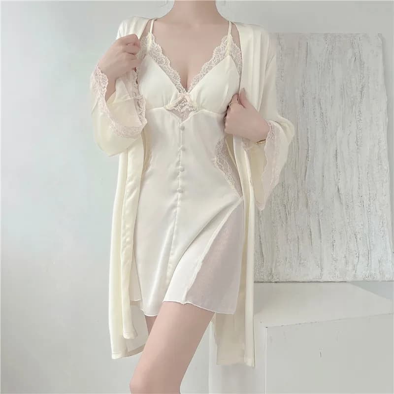 Set Vestaglia in Pizzo Twinset da Donna, Kimono, Abito da Notte, Lingerie, Abito da Casa in Raso Primavera Estate, Abbigliamento per il Relax