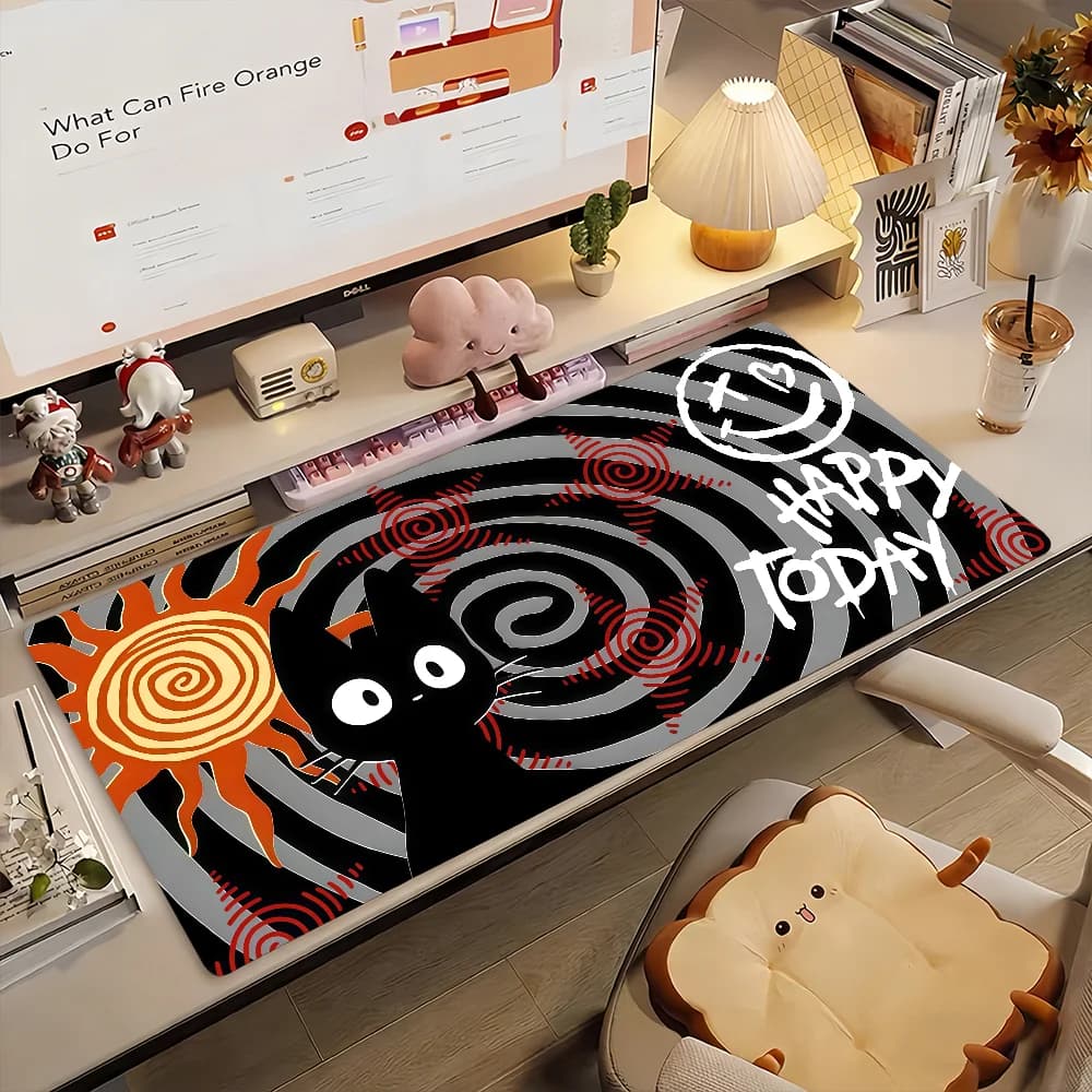 Tappetino per mouse da gaming, tappetino da scrivania grande, base antiscivolo, bordi cuciti, stampa con gatto nero e spirali, tappetino per tastiera per gamer, casa e ufficio