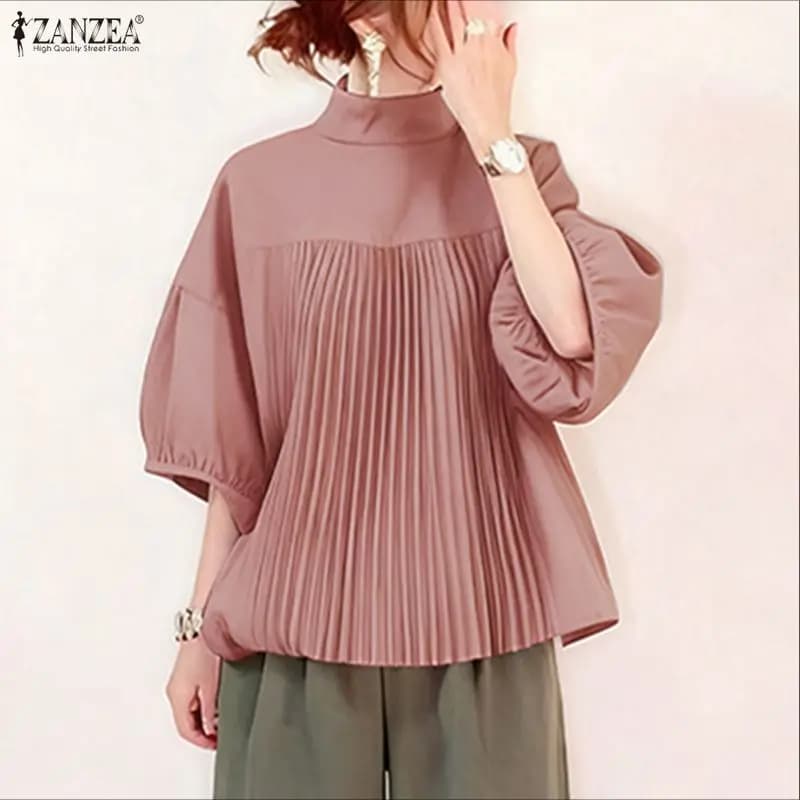 ZANZEA Camicetta moda donna Estate Colletto alla coreana Mezza manica a lanterna Top a pieghe casual Camicie larghe Elegante Office Lady Blusas