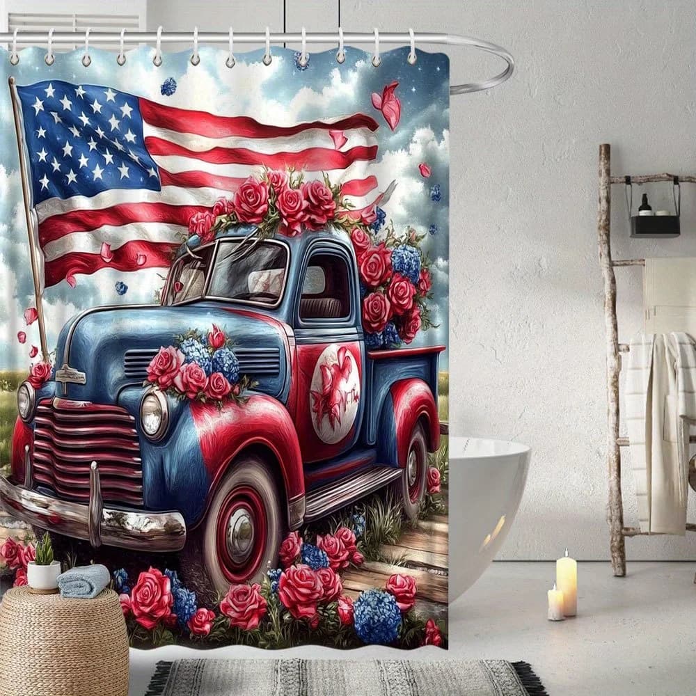Tenda da doccia vintage patriottica - Bandiera americana e rose, 72x72 pollici, 12 ganci, resistente allo sbiadimento, lavabile in lavatrice, stampa ad alta definizione