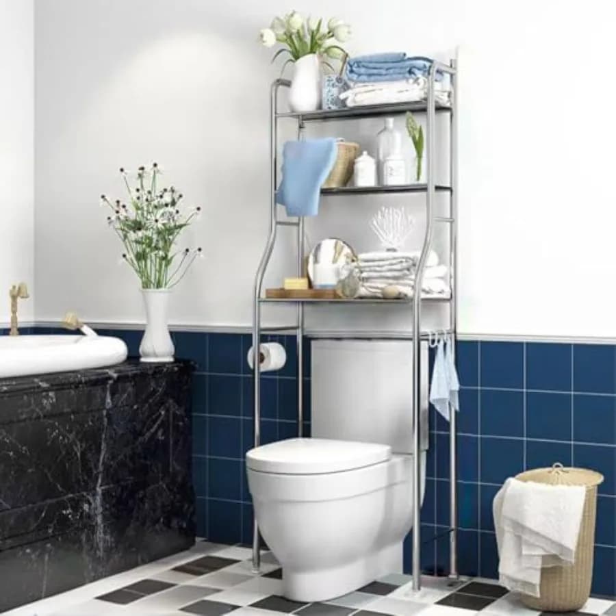 Scaffale a 2 livelli da posizionare sopra il WC, scaffalatura in metallo autoportante per bagno con ganci e porta carta igienica salvaspazio