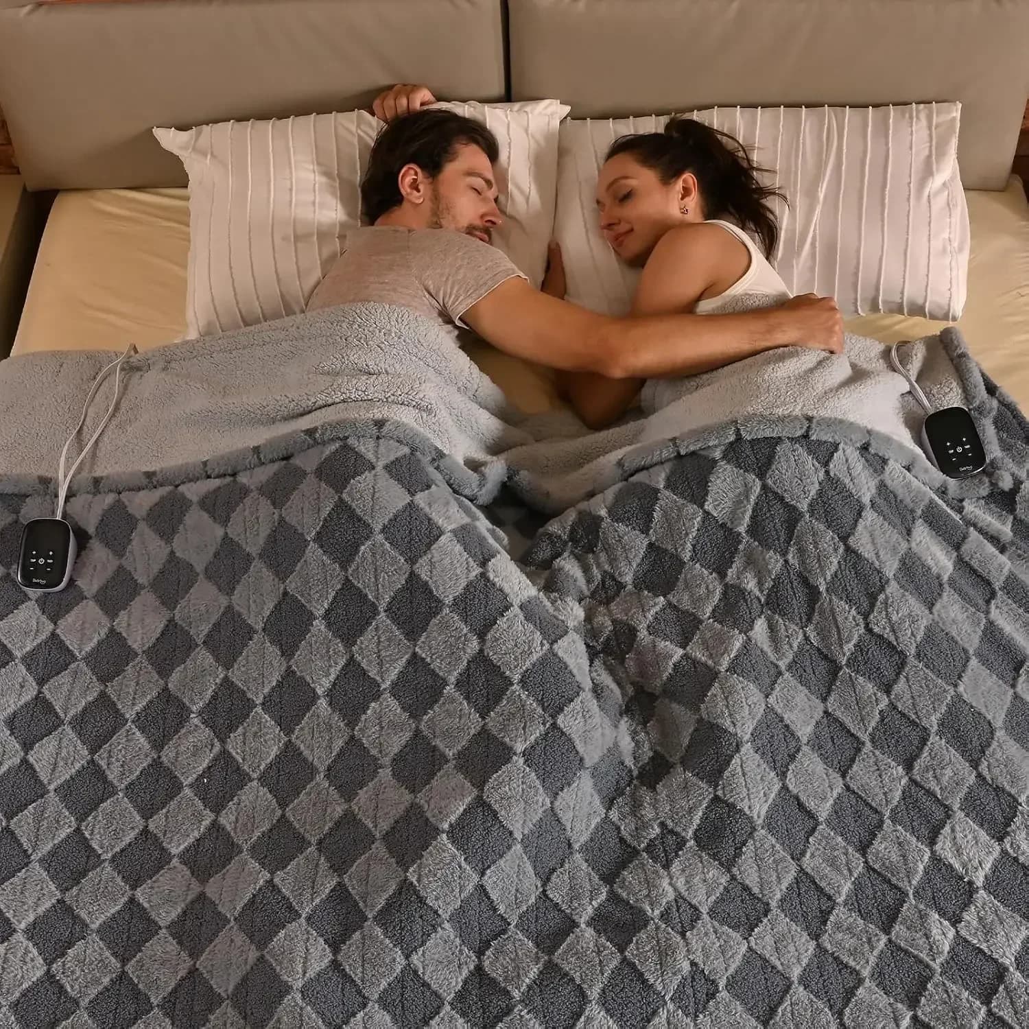 Coperta Elettrica Riscaldata King Size 254 x 229 cm con Doppio Controllo, in Pelliccia Sintetica Grigia Teddy e Sherpa Calda, Coperta Ponderata Riscaldante