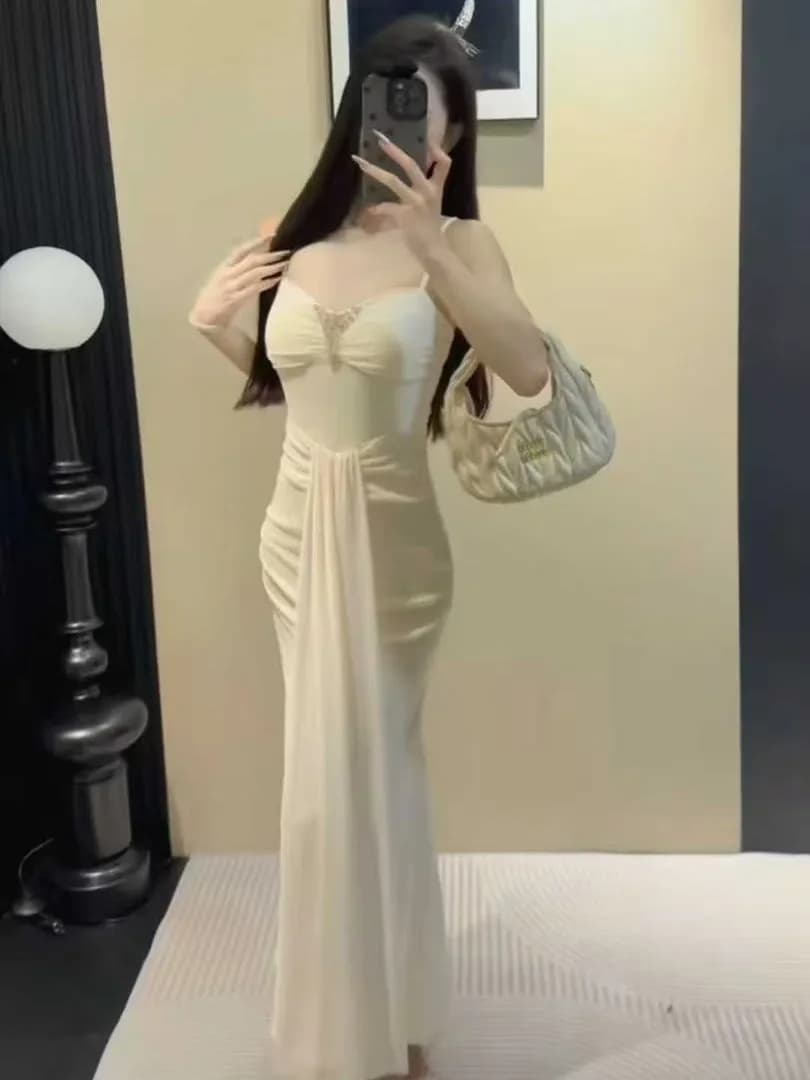 Abito sexy e provocante in pile con scollo a V, modello a sirena, con fasce in rete e dettagli interni a diamante, vita alta, stile principessa, per uso quotidiano