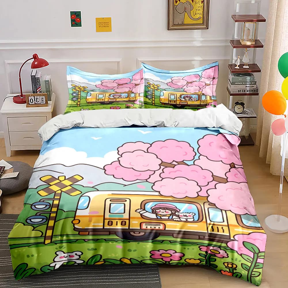 Set copripiumino con motivo fiori di ciliegio e autobus giallo, stampa digitale, biancheria da letto colorata in poliestere con chiusura a cerniera