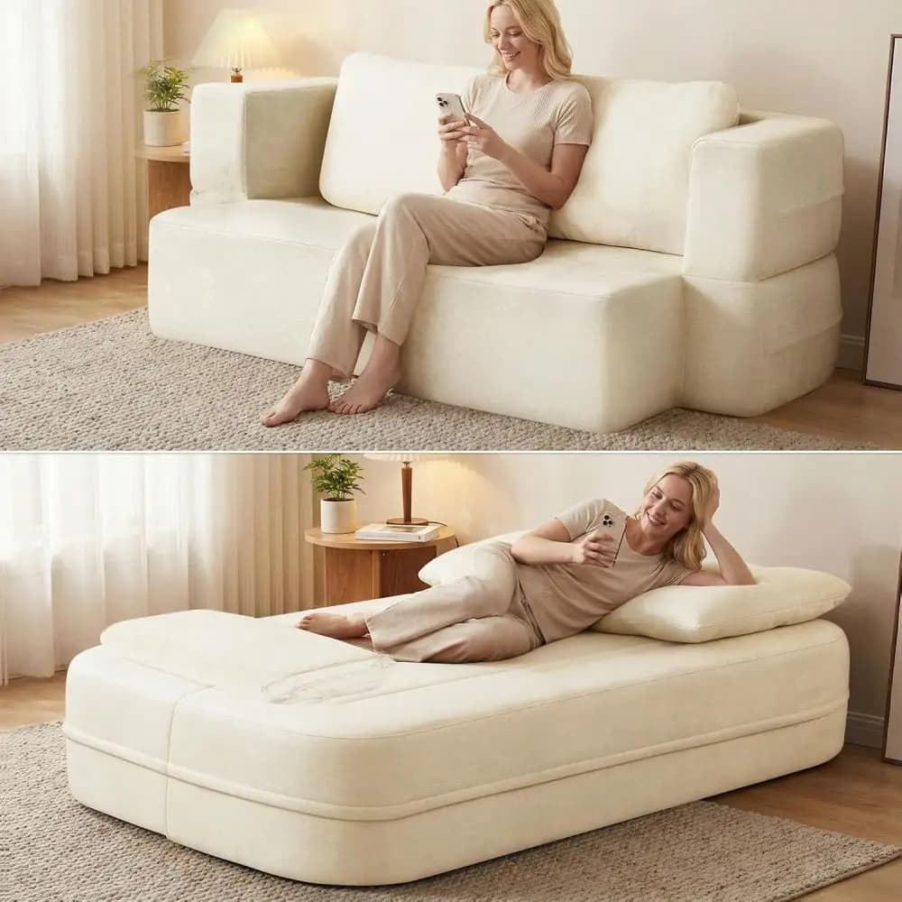 Queen Size Convertible Sofa Bed with Free Matching Blanket, Boneless Cloud Modular Loveseat Sofa Covered in Soft Scott Fabric, High-Density Solid Sponge Cushion, Flexible Reconfigurable Couch No Assembly Required, Multi-functional Sleeper Sofa Furniture
