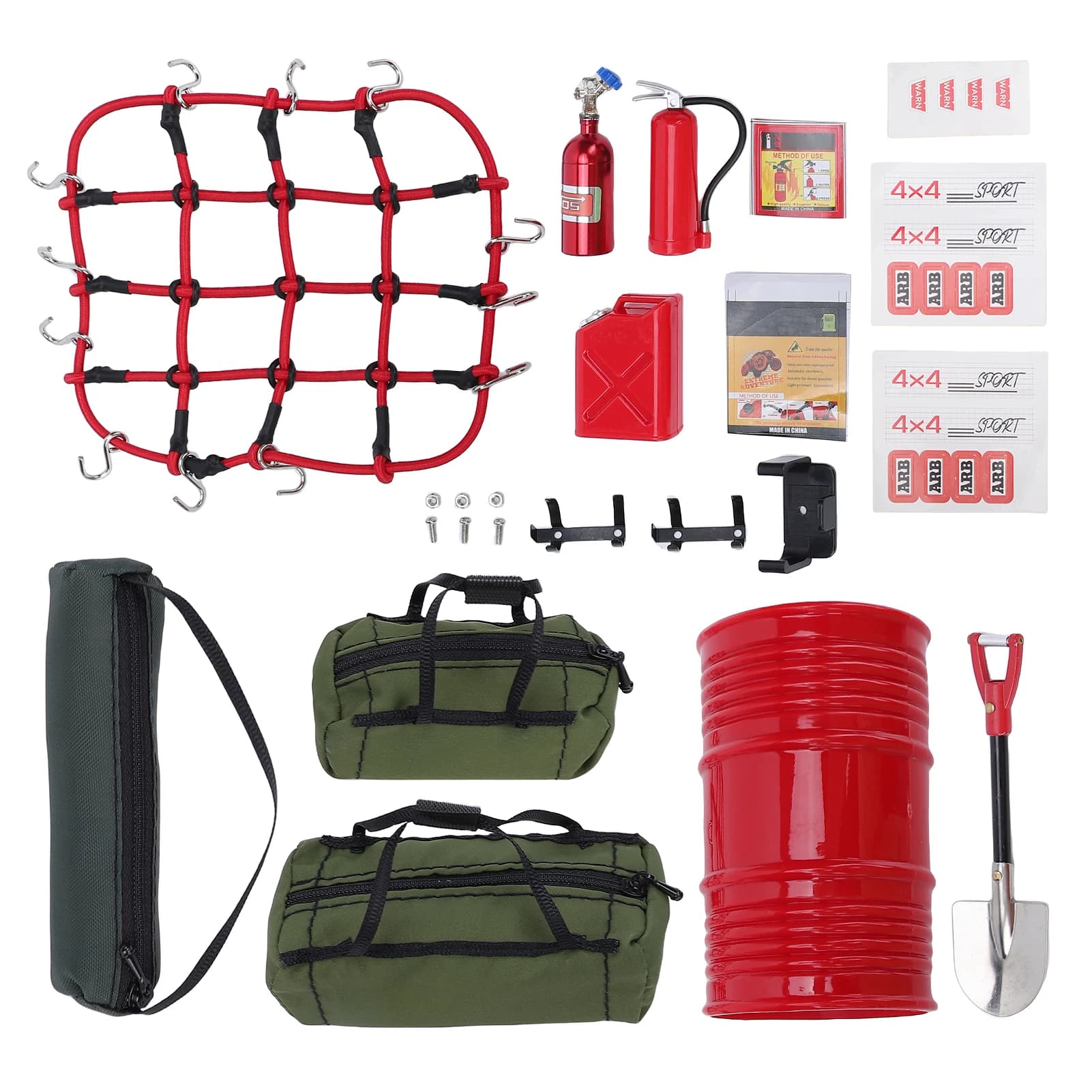 Set Decorativo di Simulazione, Include Borse, Rete per Bagagli, Serbatoio Carburante, Fusto Olio, Martinetto, Estintore e Pala per RC Crawler in Scala 1:10