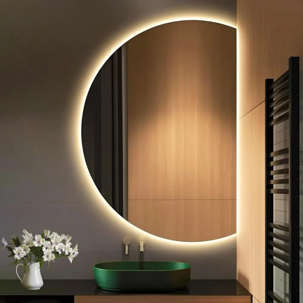 Specchio da Bagno Intelligente Antiappannamento con Luci, Specchio a LED a Mezzaluna da Parete, Specchio per Trucco Dimmerabile a 3 Colori, Grande Specchio Decorativo
