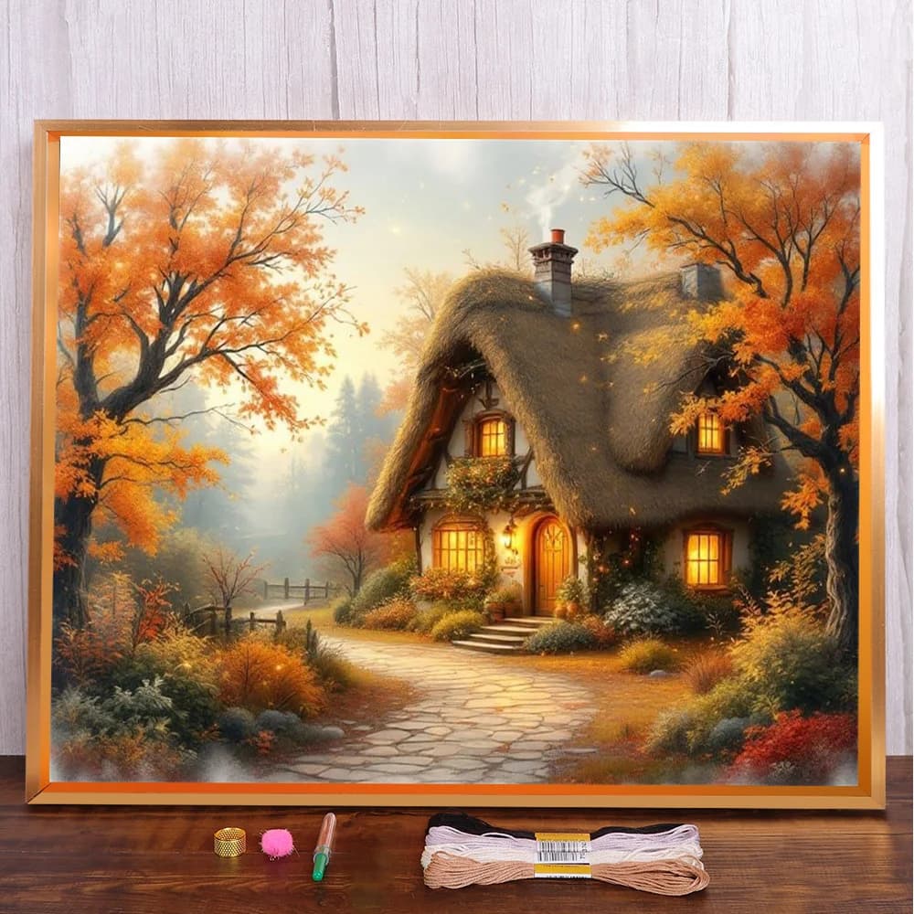 Paesaggio Autunno Casa Tessuto stampato Punto croce Kit ricamo fai da te Pittura artigianale Maglieria fatta a mano Ago diverso contato